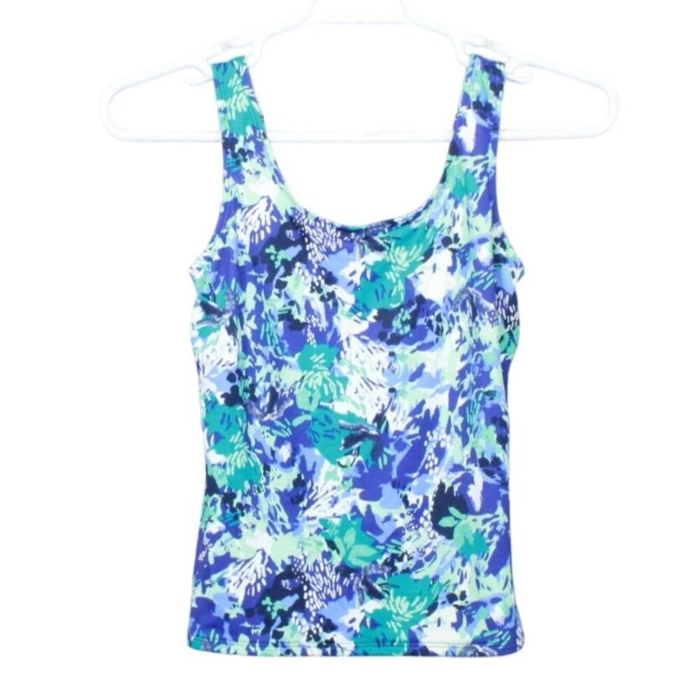 LL Bean BeanSport Swimwear Scoopneck Tankini Top Blue Print Size 4